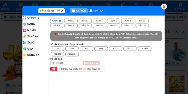 789F hỗ trợ nhiều phương thức nạp tiền hiện đại